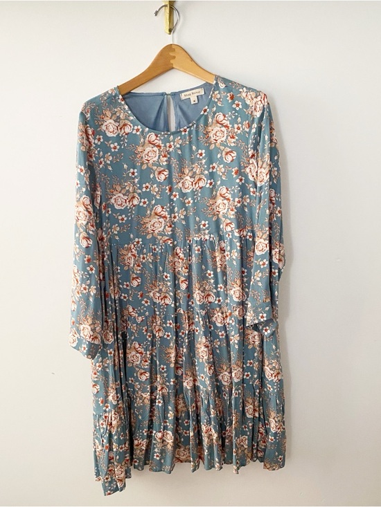Shop Stevie Dresses & Skirts - Shop Stevie Dusty Blue Floral Long Sleeve Tiered Mini Dress